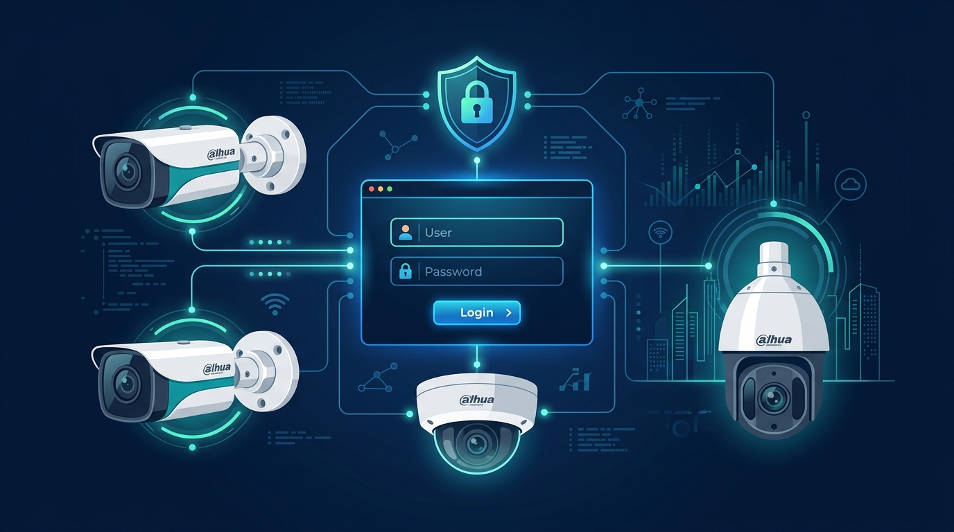 Dahua security cameras with login credentials interface illustration
