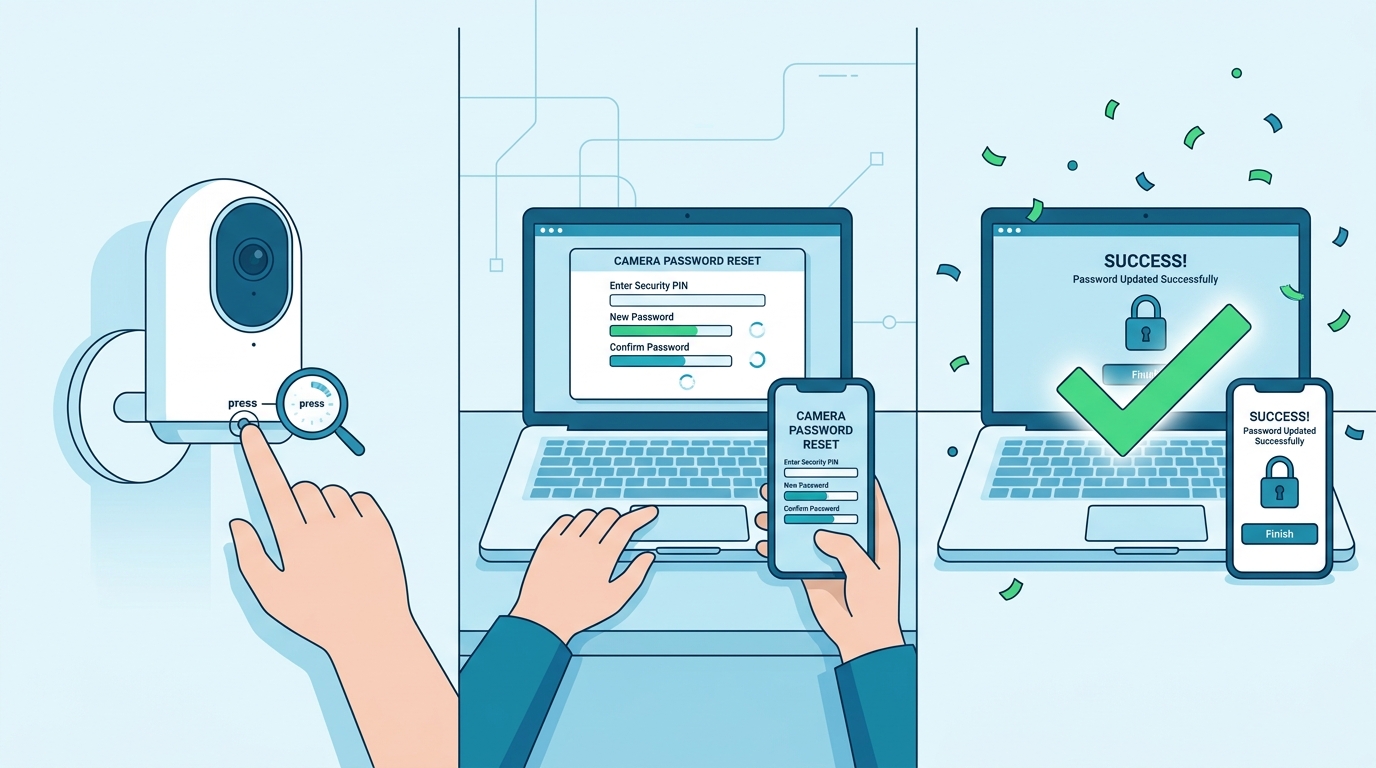 Three-step illustration showing camera reset button, password reset dialog, and success confirmation