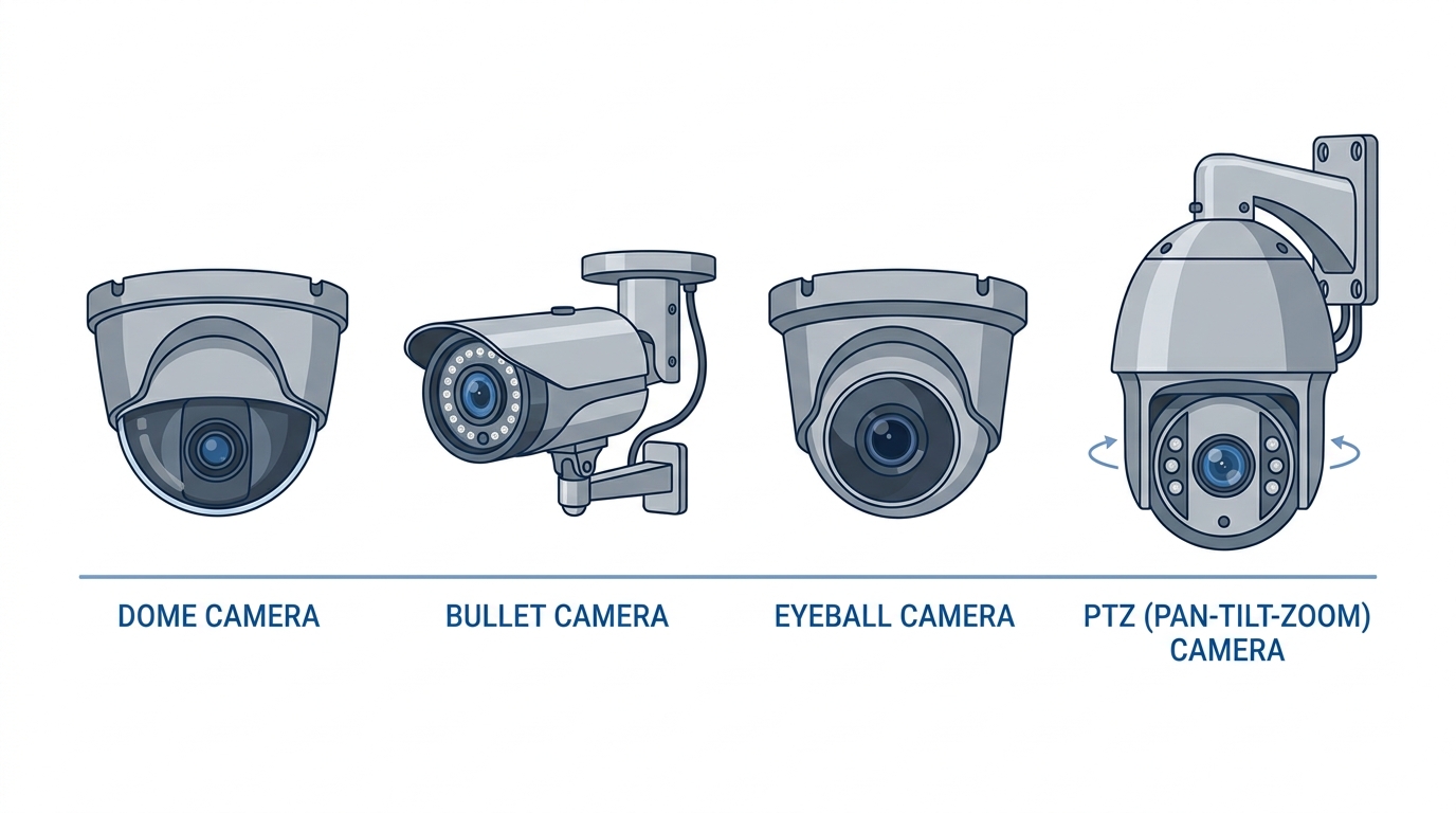 Four types of Dahua cameras: dome, bullet, eyeball, and PTZ side by side