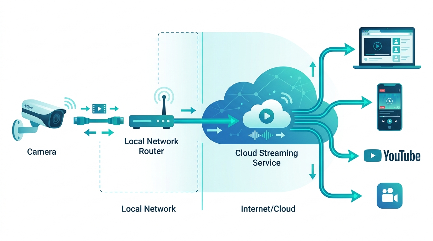Diagram showing a Dahua camera connecting via RTSP to a cloud streaming service, then to browser, mobile, and social platforms